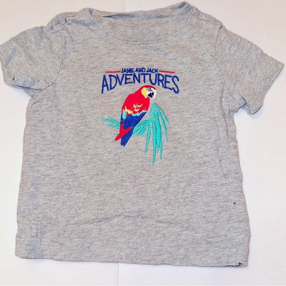 Janie and Jack Baby Boy Girl 6-12 Months Gray Cotton Embroidered Parrot Tee EUC
